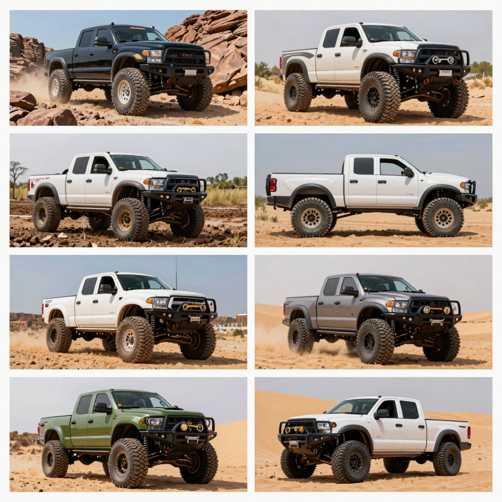 A collage of various modified 2WD trucks in off-road scenarios