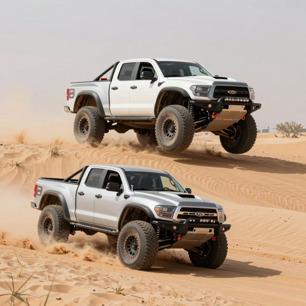 Modified 2WD trucks navigating sandy landscapes