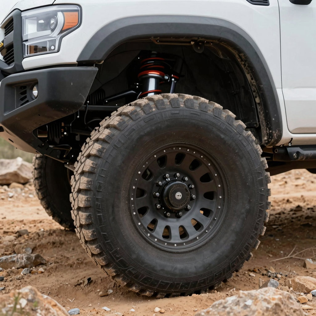 Close-up of a modified truck's wheel and suspension