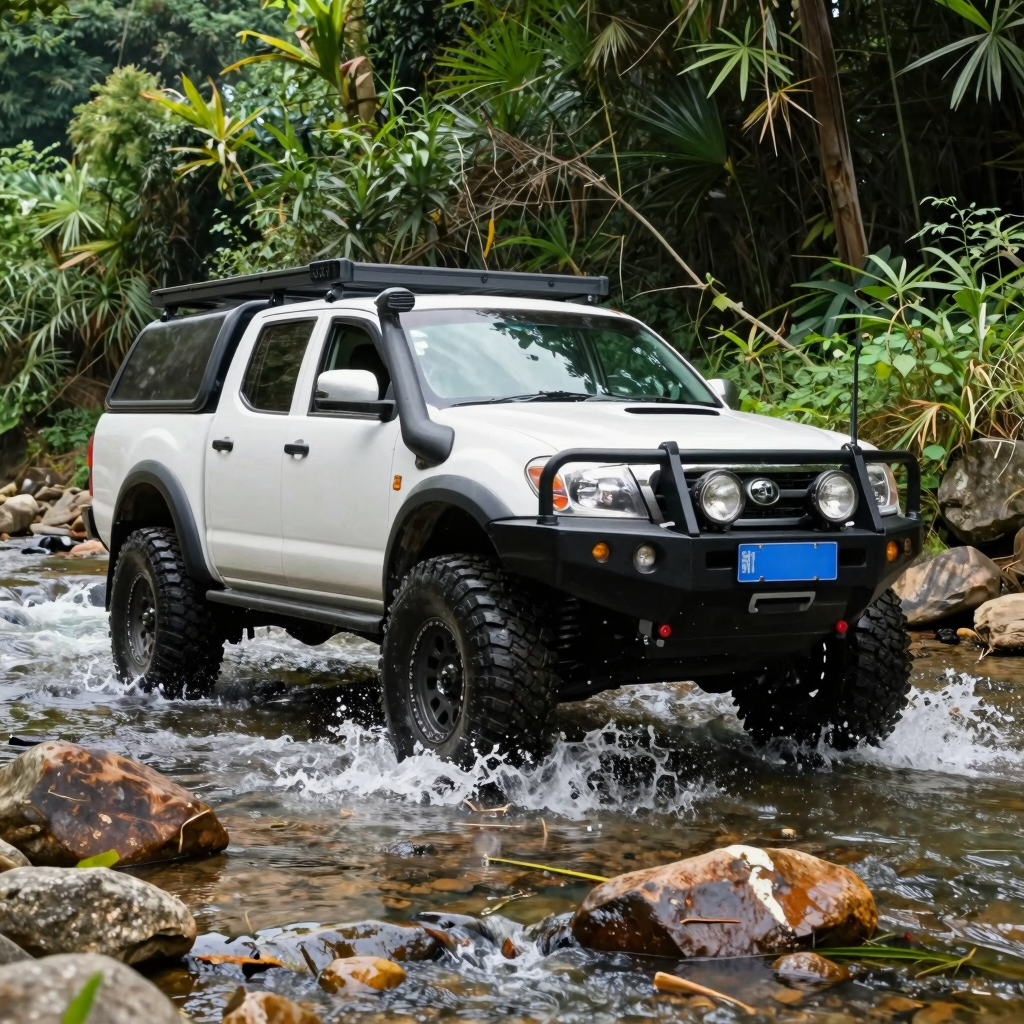 A modified 2WD truck splashing through a creek
