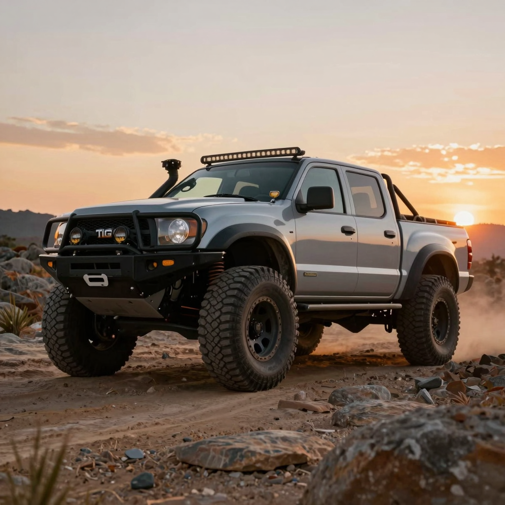 A rugged 2WD truck modified for off-roading, navigating through rocky terrain