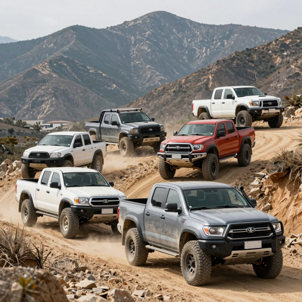 A variety of off-road trucks with fiberglass bodies in action, showcasing rugged terrains.