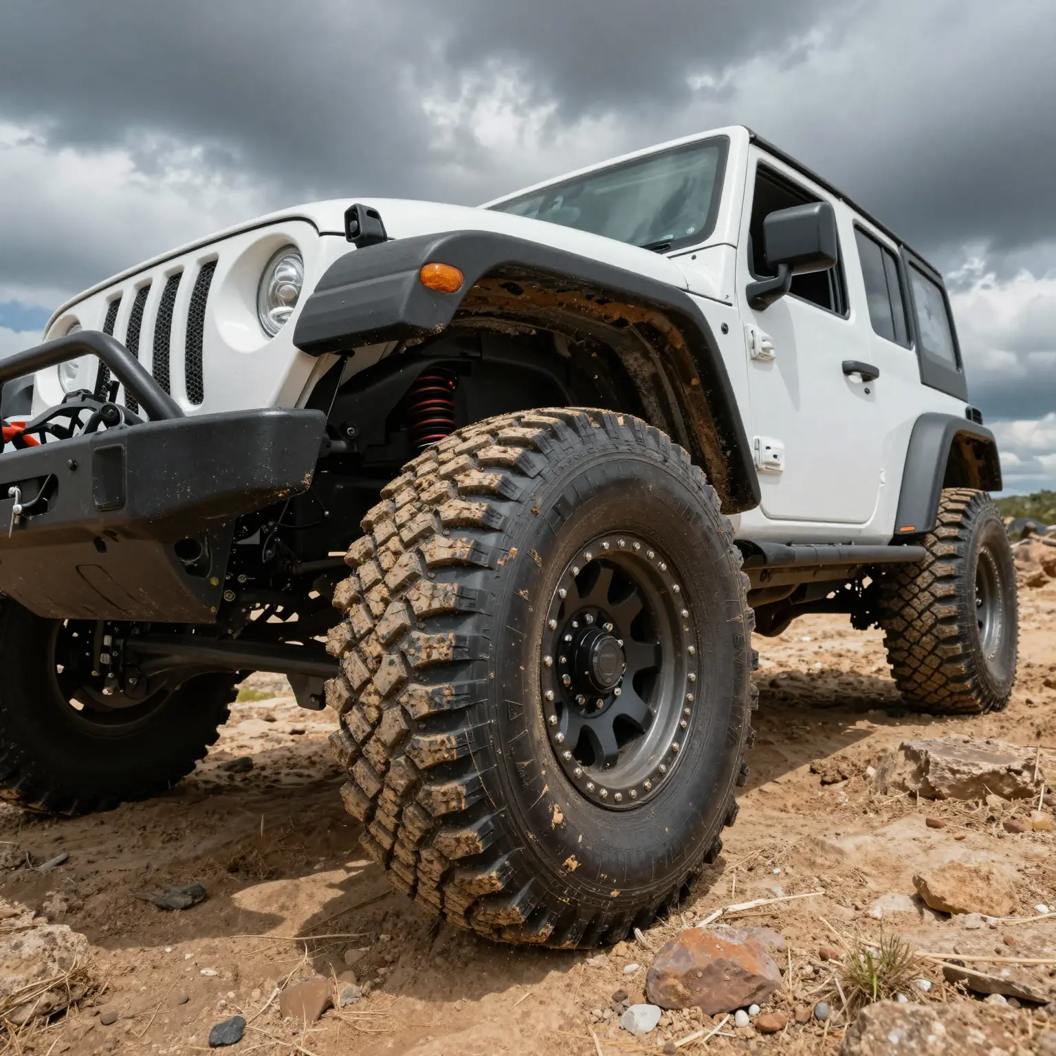 Off-road vehicle showcasing different tires for various conditions