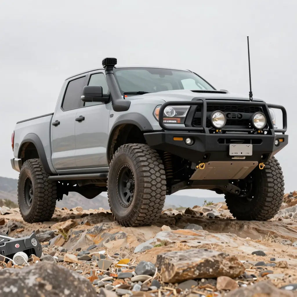 Rugged off-road truck on rocky terrain with visible modifications.