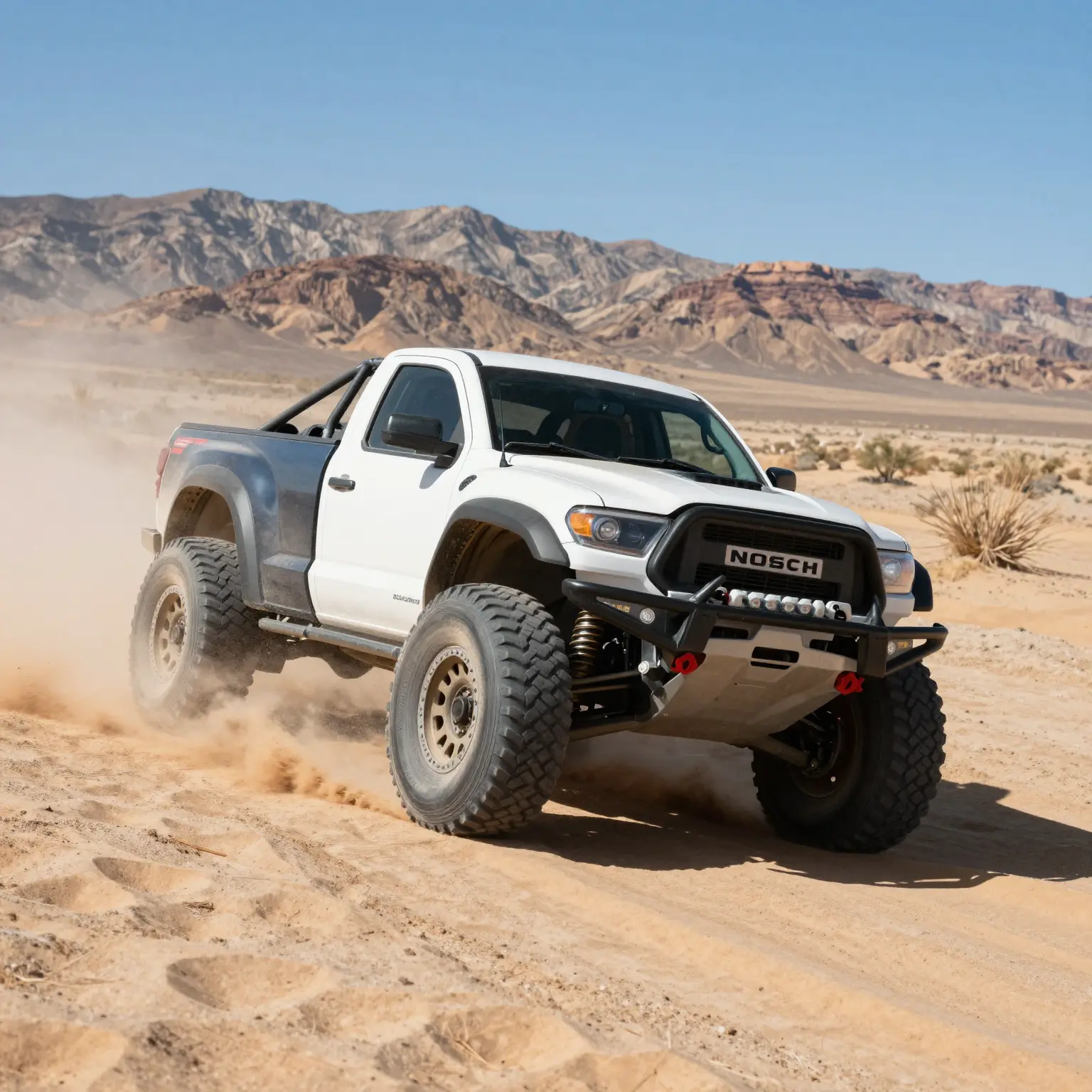 A vibrant off-road truck navigating through a desert landscape near Las Vegas for off-road adventure.
