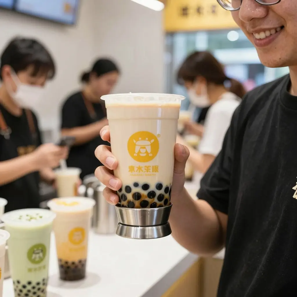 Clear plastic cups with metal bases in use