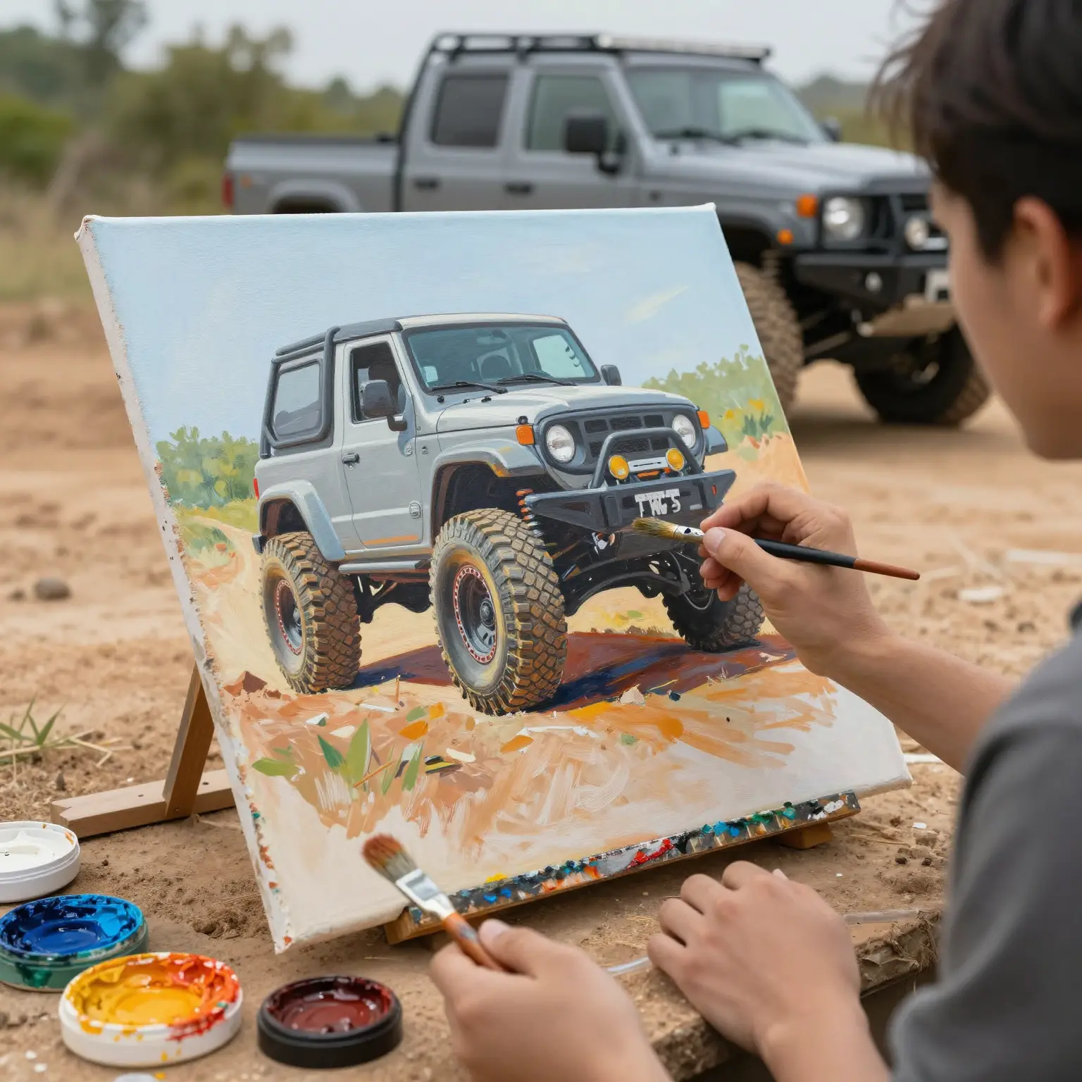 An artist passionately illustrating an off-road truck outdoors