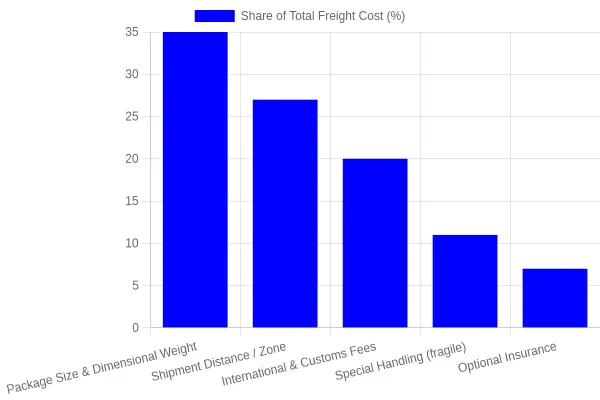 Bar chart showing typical freight cost drivers for an aftermarket fairing kit, led by package size and dimensional weight