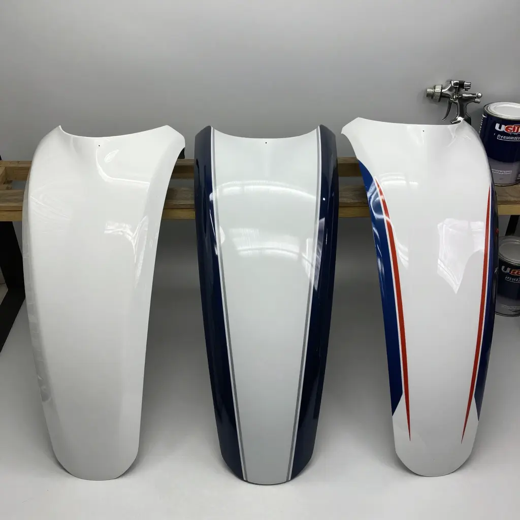 Motorcycle fairing panels shown in three paint finishes: a factory-matched solid color, a custom two-tone graphic scheme, and a glossy clear-coat finish