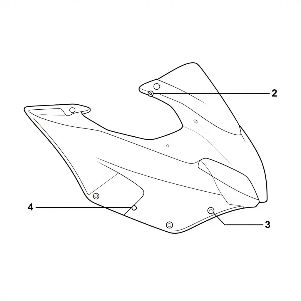 Schematic line diagram of a motorcycle fairing assembly showing four numbered mounting points: 1. upper nose bracket, 2. side panel tabs, 3. lower belly pan bolts, and 4. rubber grommet locations.
