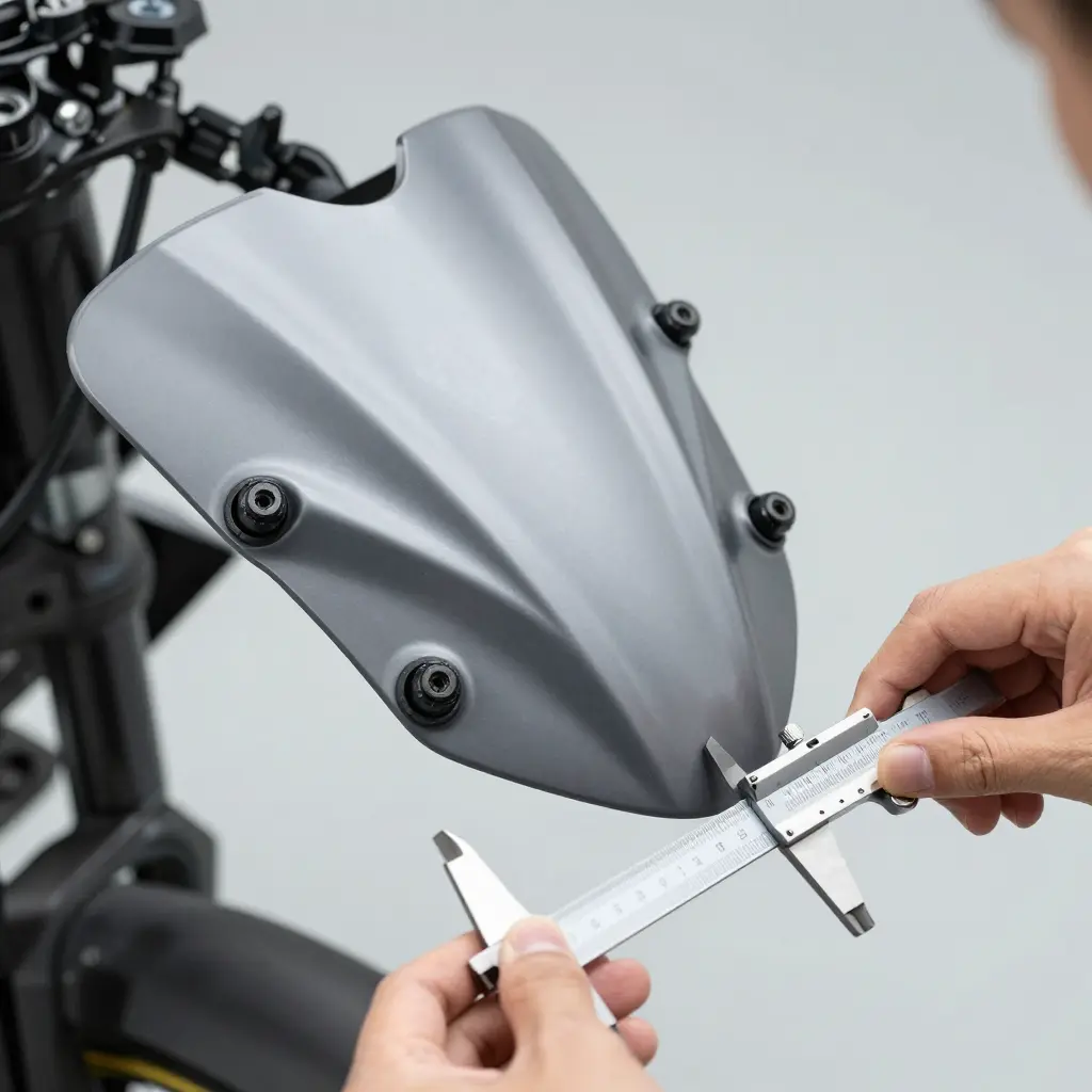 Motorcycle side fairing panel showing reinforced mounting tabs and bolt holes being checked for thickness and alignment