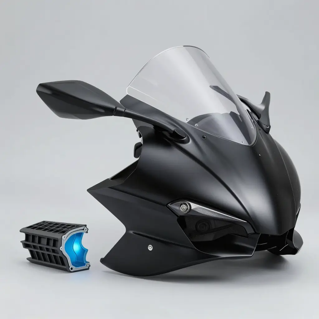 Glossy black ABS motorcycle fairing panel shown with a cutaway revealing its injection-molded structure