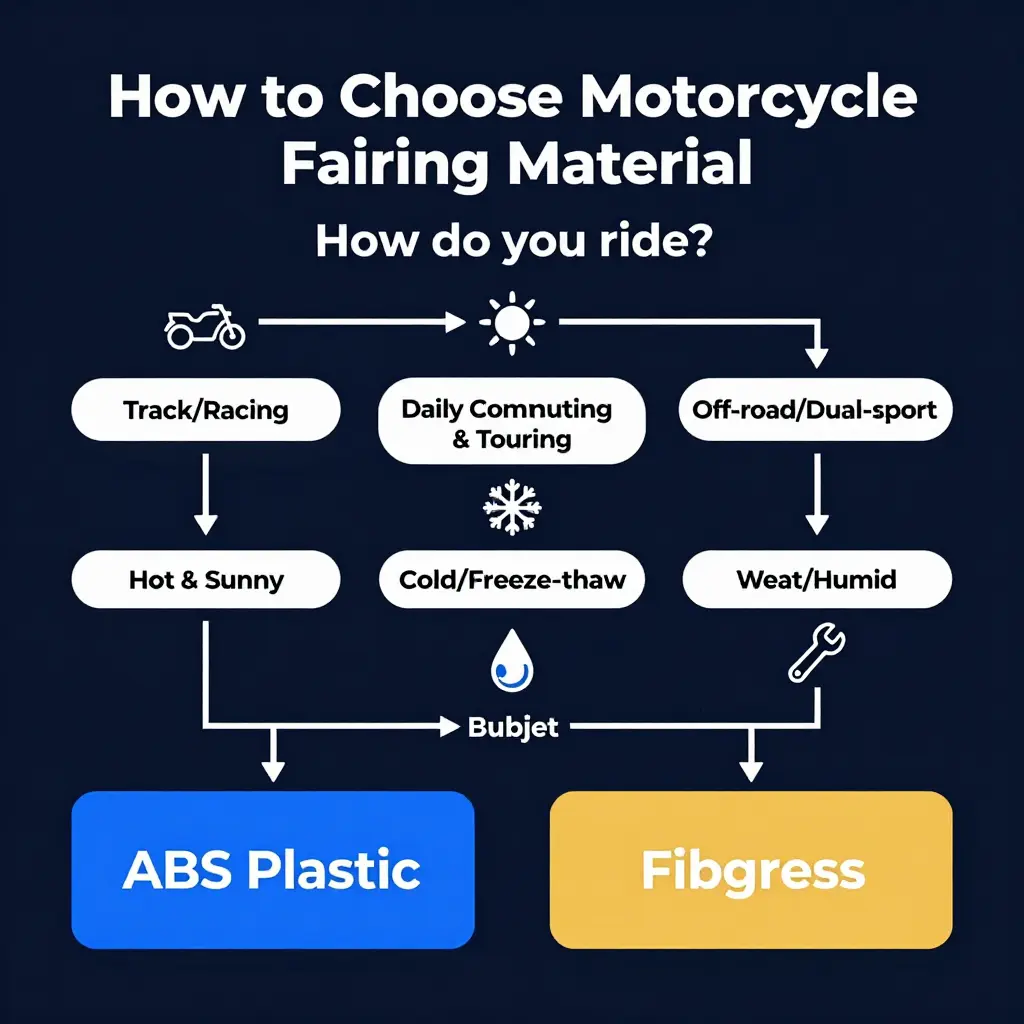 Decision flowchart for choosing motorcycle fairing material: riding style, climate, budget, repair habits, and OEM fitment leading to ABS or fiberglass