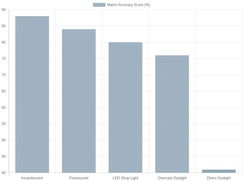 Perceived color match accuracy by lighting condition, showing direct sunlight as the lowest scoring environment