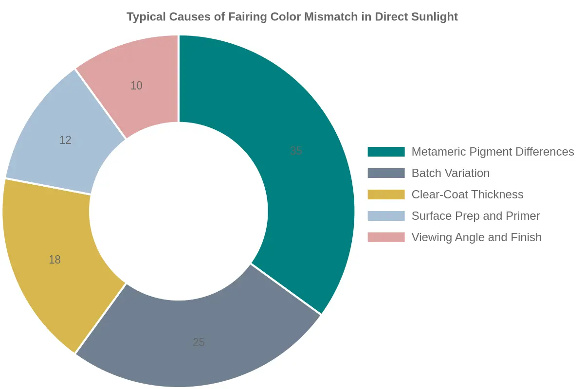 Doughnut chart titled "Typical Causes of Fairing Color Mismatch in Direct Sunlight" showing metameric pigment differences at 35%, batch variation at 25%, clear-coat thickness at 18%, surface prep and primer at 12%, and viewing angle and finish at 10%.