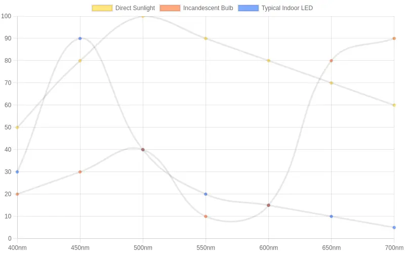 Line chart comparing the spectral power distribution of direct sunlight, incandescent bulbs, and typical LED lighting across the visible spectrum