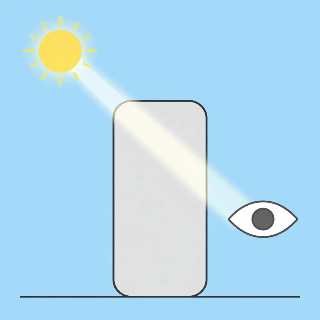 Minimalist 2D diagram showing a light source shining onto a flat painted panel, with reflected light traveling to a simplified eye icon and faint rainbow spectrum bands suggesting color perception