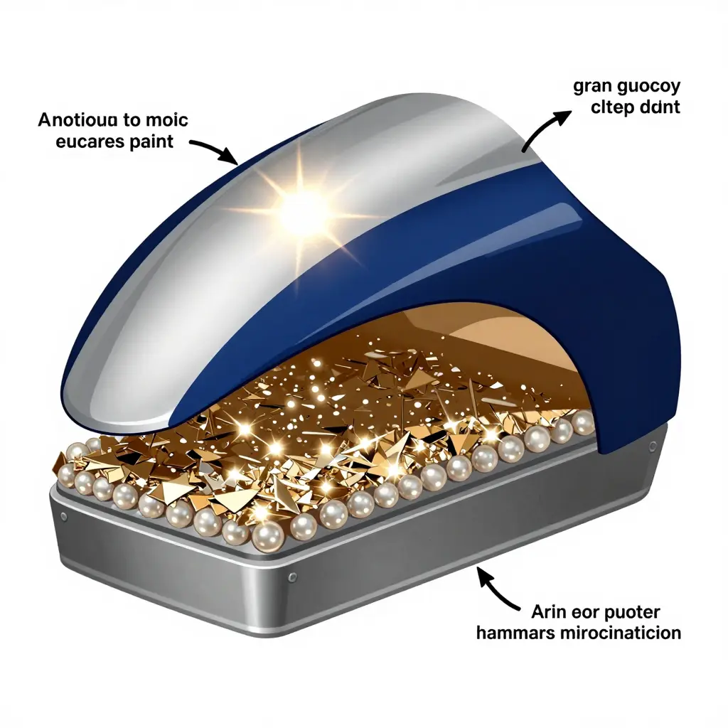 Cross-section diagram of custom fairing paint layers showing the binder, pigment flakes, and clearcoat