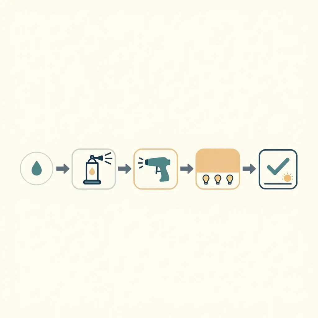 Minimalist 2D flow diagram of the fairing paint matching process: paint sample, color measurement, spray-out test, multi-light inspection, and final verification with a sun icon