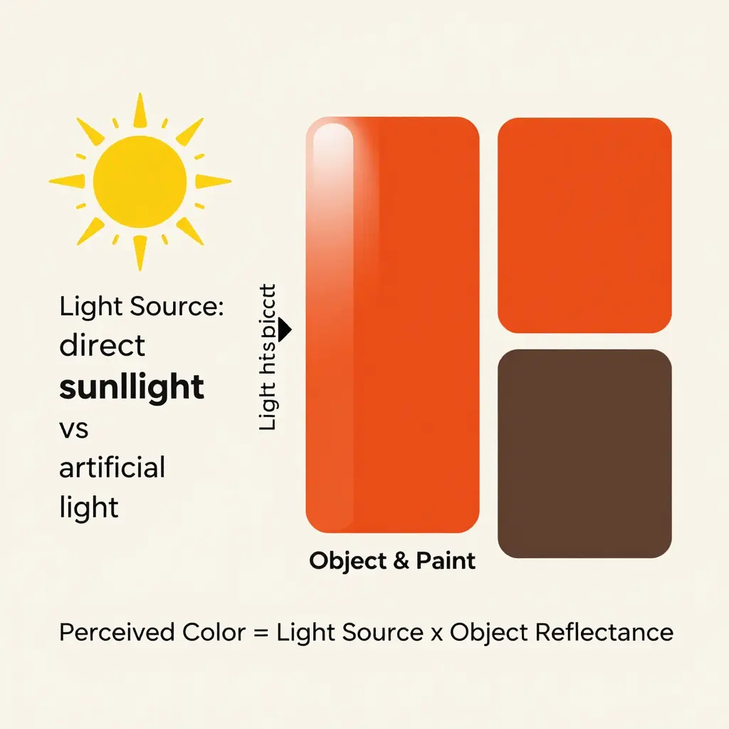 Infographic showing perceived color equals light source multiplied by object reflectance