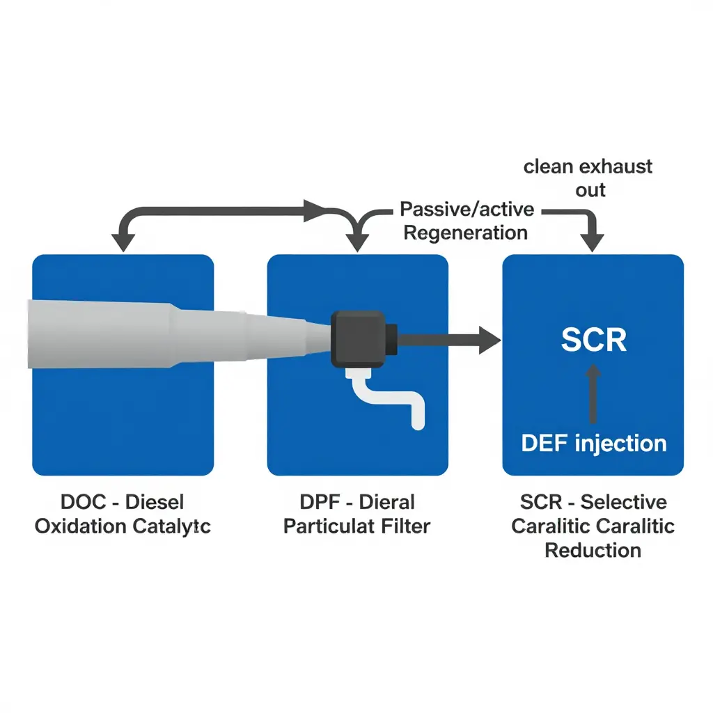 Diagram showing exhaust flowing through the DOC, DPF, and SCR components of a truck aftertreatment system, with a regeneration loop and DEF injection