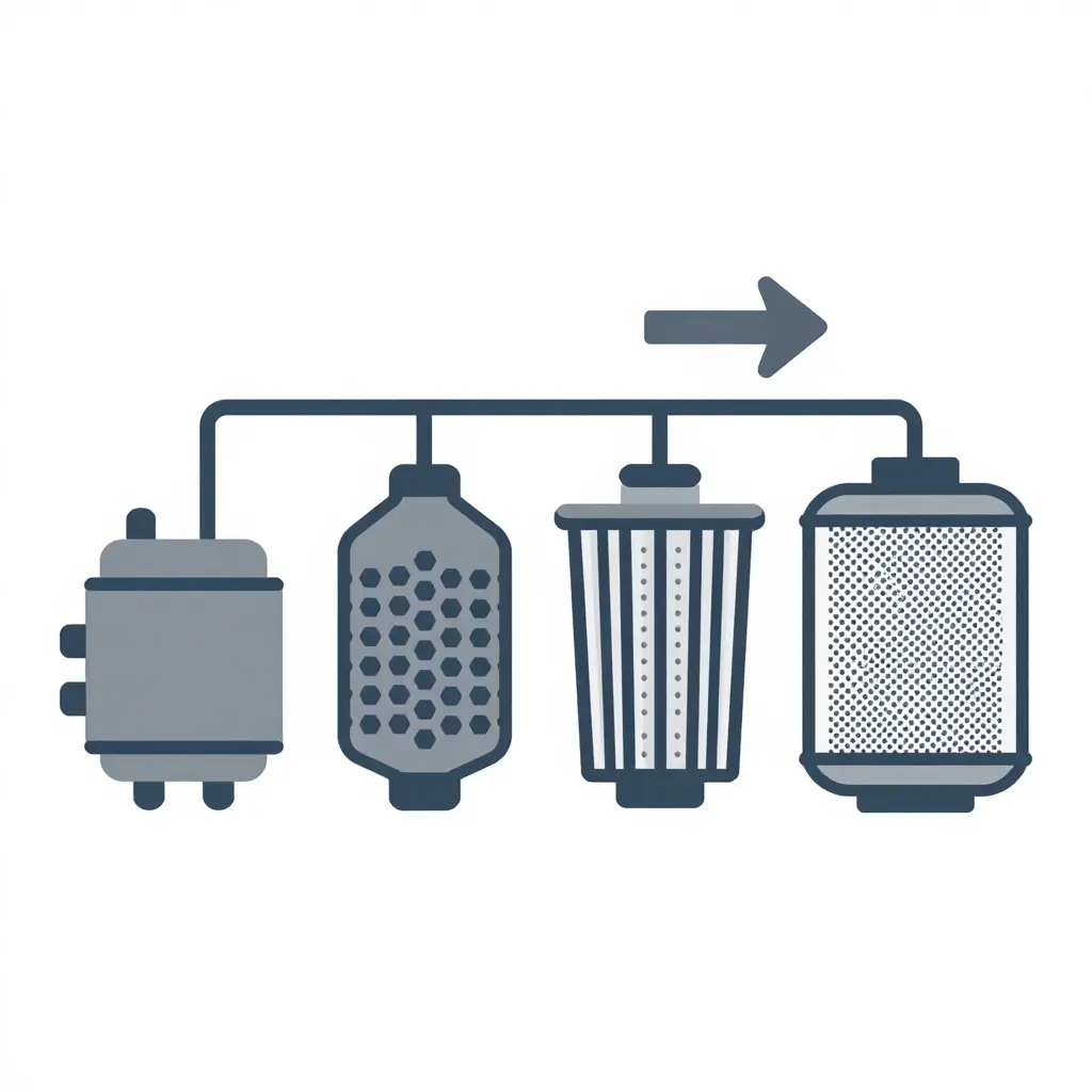 Minimalist 2D schematic of a diesel exhaust aftertreatment flow, showing the engine exhaust outlet, diesel oxidation catalyst (DOC), diesel particulate filter (DPF), and selective catalytic reduction (SCR) unit connected in sequence with an arrow indicating gas flow direction.