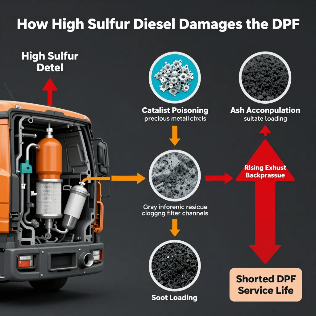 Diagram showing how high sulfur diesel causes catalyst poisoning, ash accumulation, and soot loading, leading to rising backpressure and shortened DPF service life