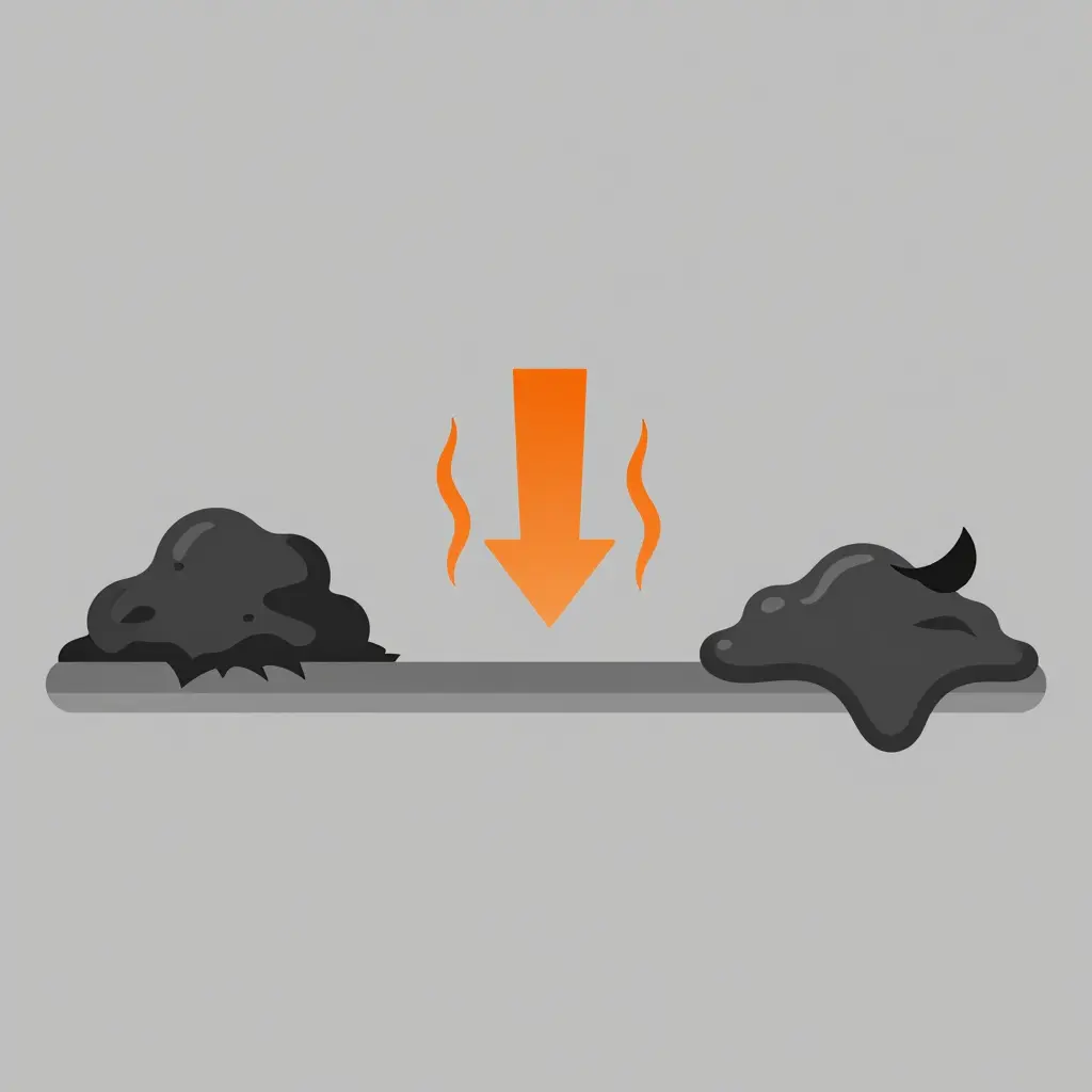 Simple flat vector diagram showing road tar on a truck rim softening as heat is applied, making it easier to remove.