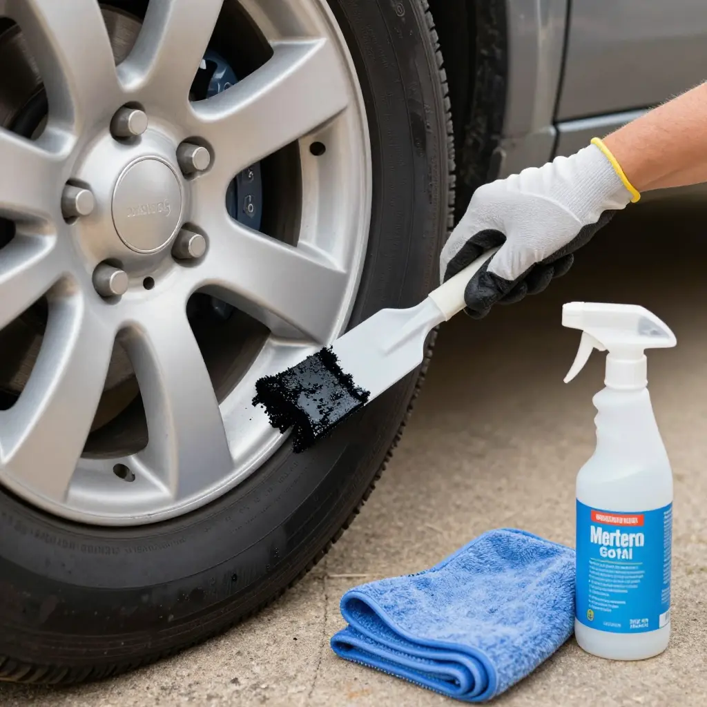 Hand using a plastic scraper to lift softened road tar off the edge of a truck rim