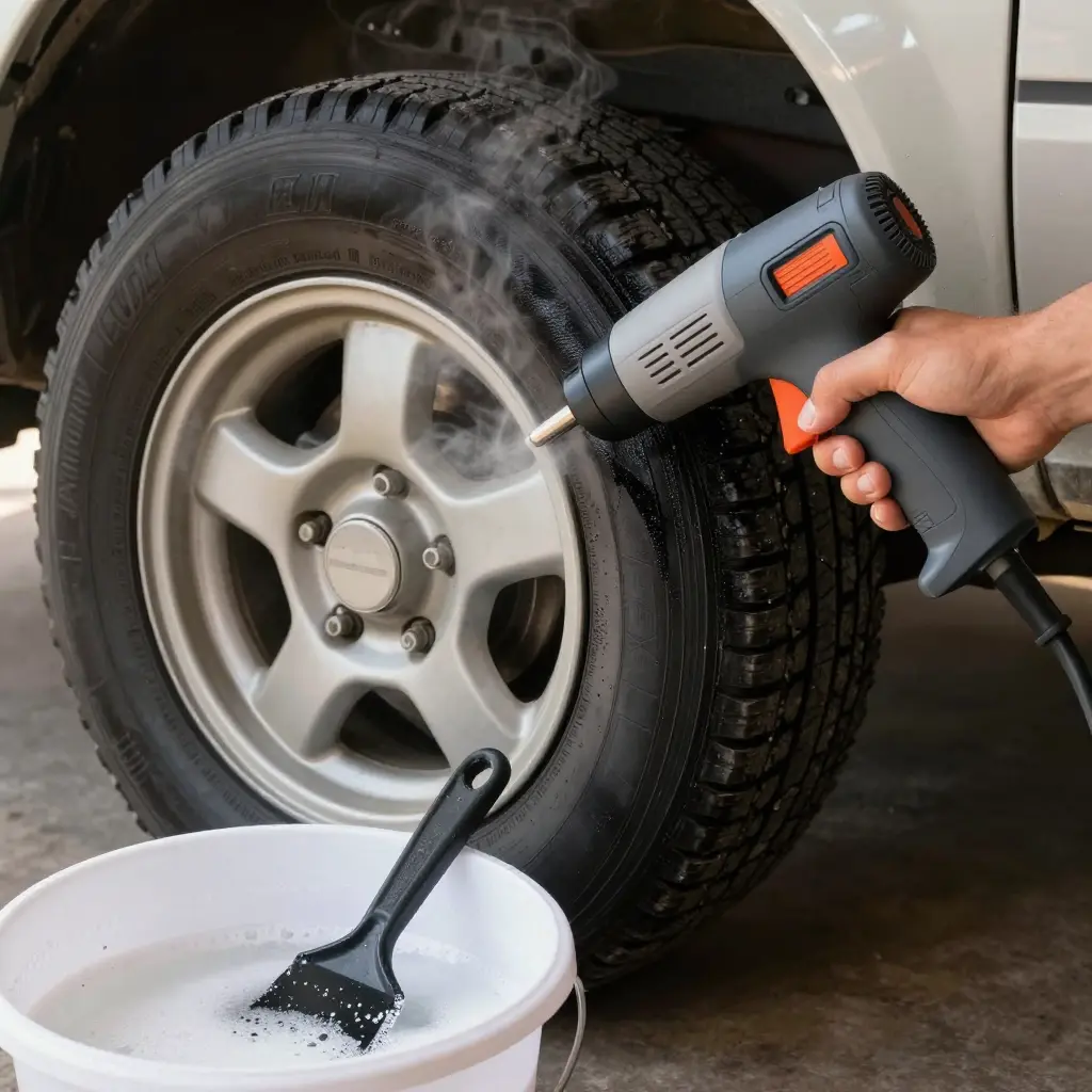 A heat gun held at a safe distance softening road tar on a dirty truck rim, with the tar going dull and lifting at the edge, a scraper and warm soapy water nearby